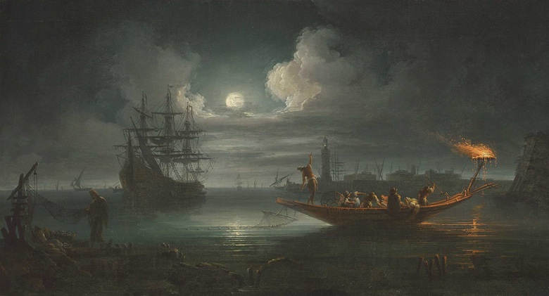 Francesco Fidanza (1747-1819), A Moonlit Mediterranean Harbour with Fishermen Pulling in Their Catch, with a Full-rigged Pinnace and Other Shipping Beyond. Oil on canvas, 21⅜ x 39⅜ in (54.2 x 100.1 cm). Estimate £15,000-25,000. Offered in Discovering Old Masters The Legacy of Piero Corsini, 23 September-7 October 2020, Online