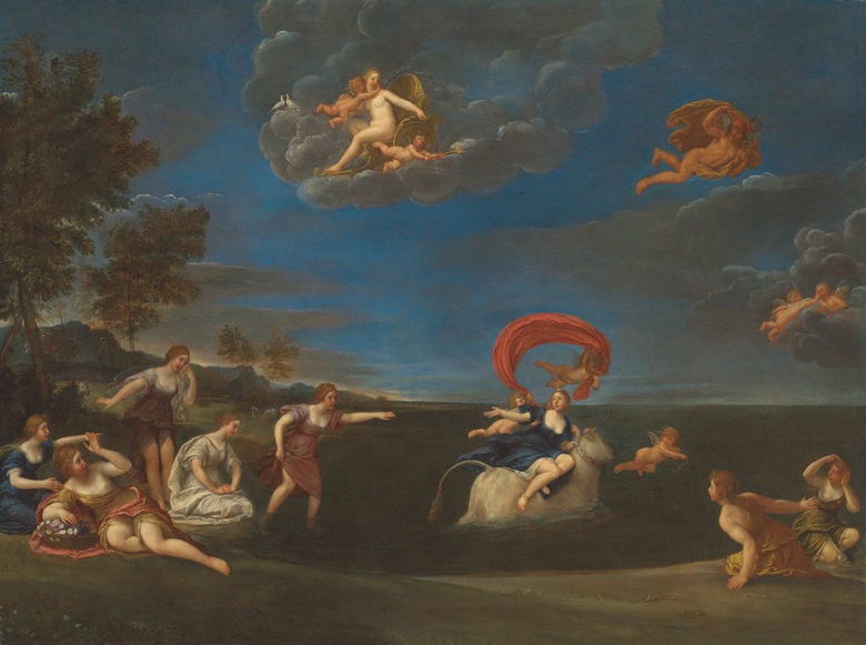 Francesco Albani (1578-1660) and studio, The Rape of Europa. Oil on canvas, 55⅜ x 74.5 in (145.5 x 189 cm). Estimate £20,000-30,000. Offered in Discovering Old Masters The Legacy of Piero Corsini, 23 September-7 October 2020, Online