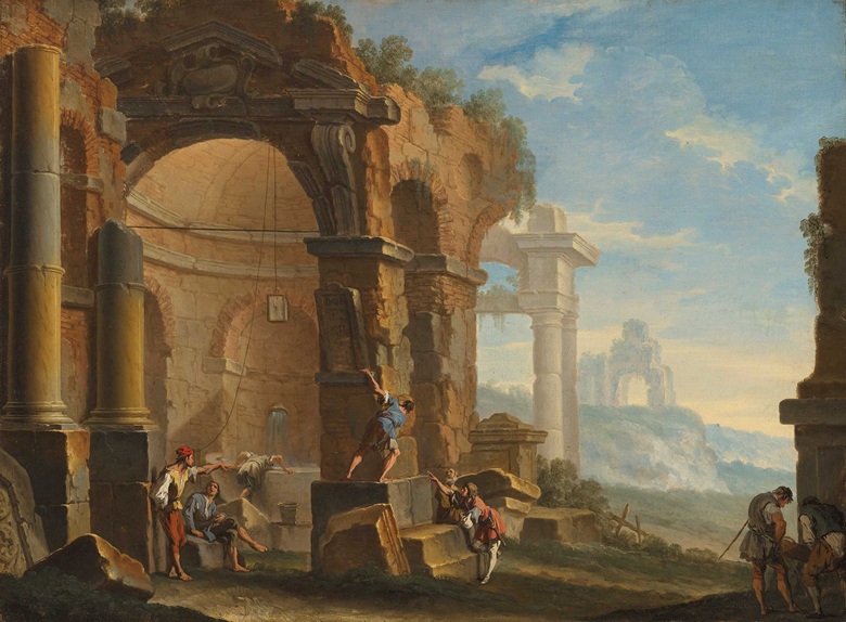 Sebastiano Ricci (1659-1734) and Clemente Spera (c.1661-1742), A Capriccio with Figures Conversing by Classical Ruins. Oil on canvas, 25¾ x 34½ in (65.5 x 87.8 cm). Estimate £25,000-35,000. Offered in Discovering Old Masters The Legacy of Piero Corsini, 23 September-7 October 2020, Online